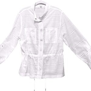 100% cotton, white eyelet blouse with snap front and long sleeves Size: XXL